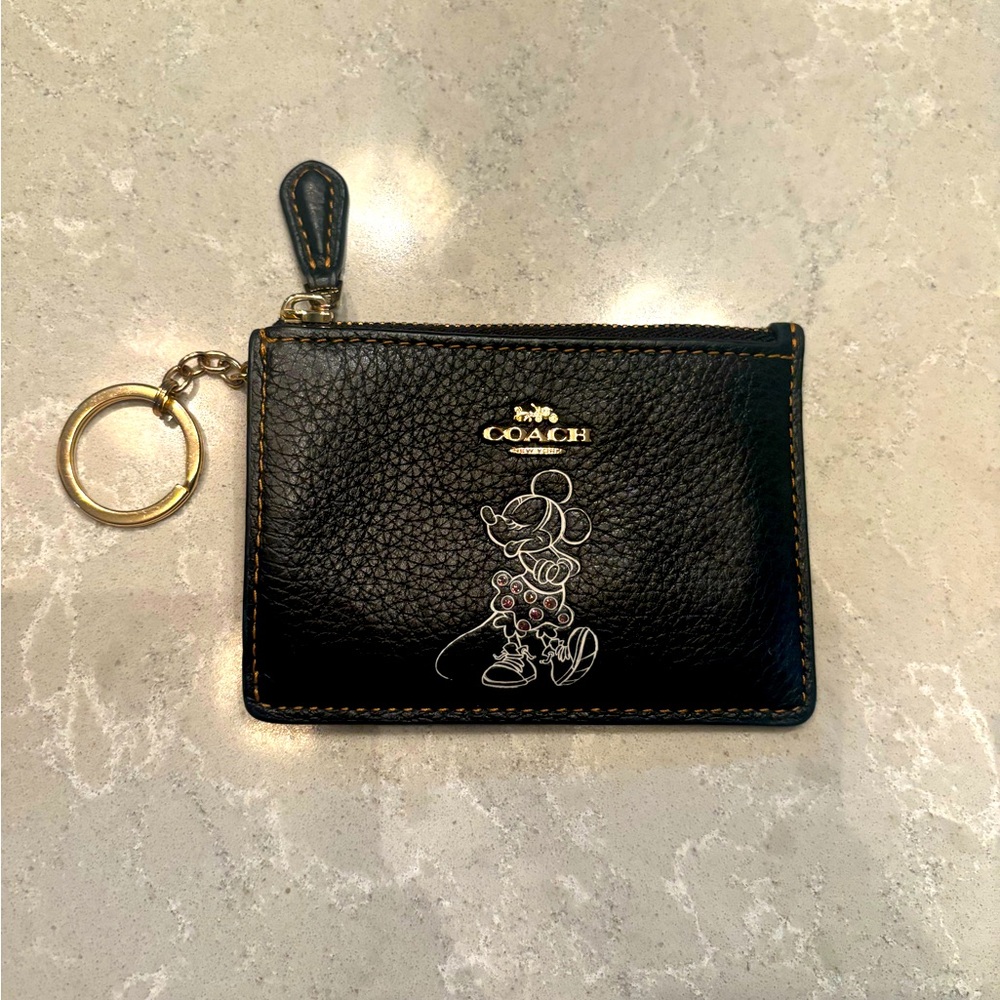 Coach Black Leather Keychain Wallet with Mickey Mouse